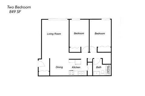 Floor plan for 2 beds, 1 bath, 849 sqft
